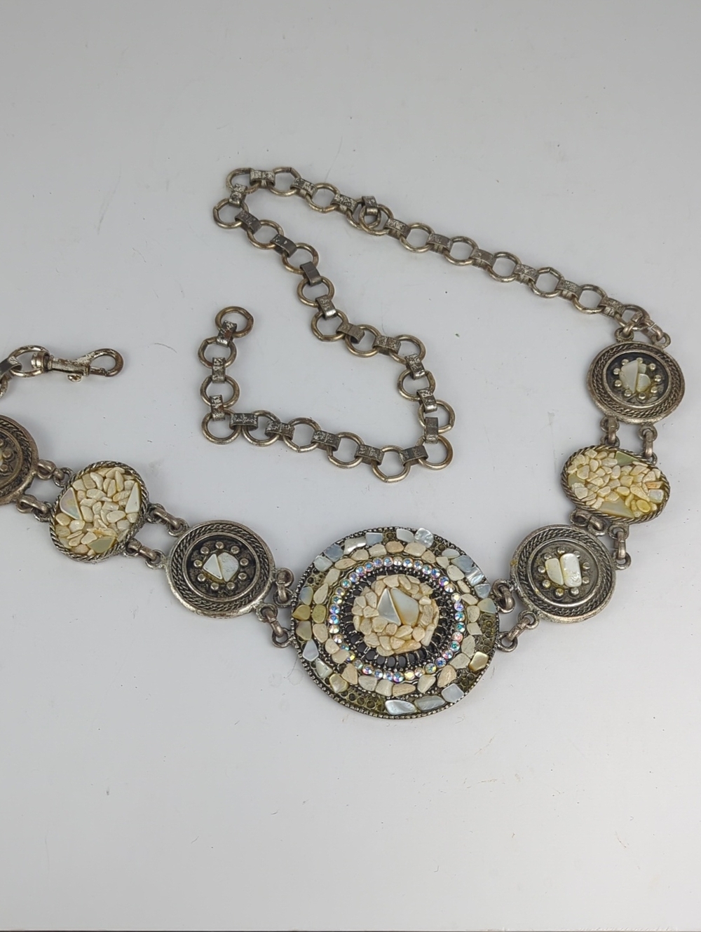 VINTAGE Boho Mosaic Cream and Silver Concho Chain Belt